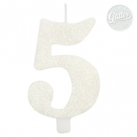 CANDELINA NUMERO 5 BIANCA GLITTER