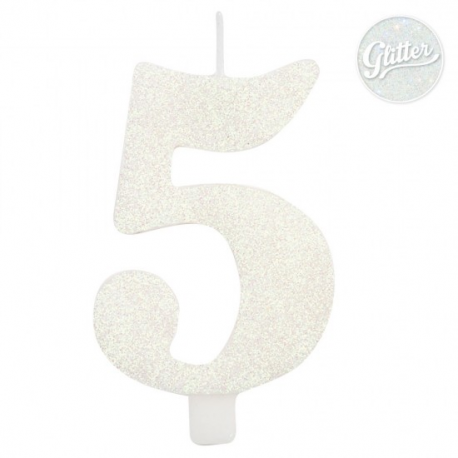 CANDELINA NUMERO 5 BIANCA GLITTER