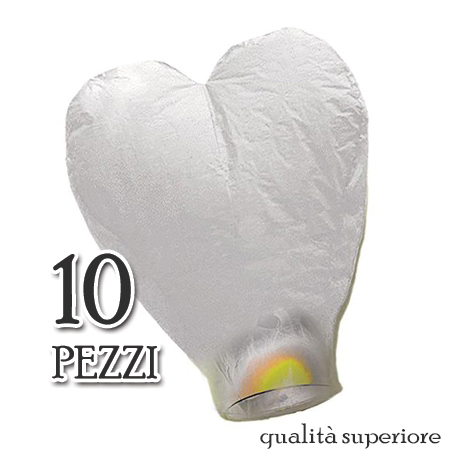 10 LANTERNE VOLANTI CUORI BIANCHI GRANDI - PROFESSIONAL (Sky Lantern White Heart)